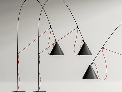Modern Black Floor Lamps With Red Cords And Unique Arch Shaped Metal Design 3d model