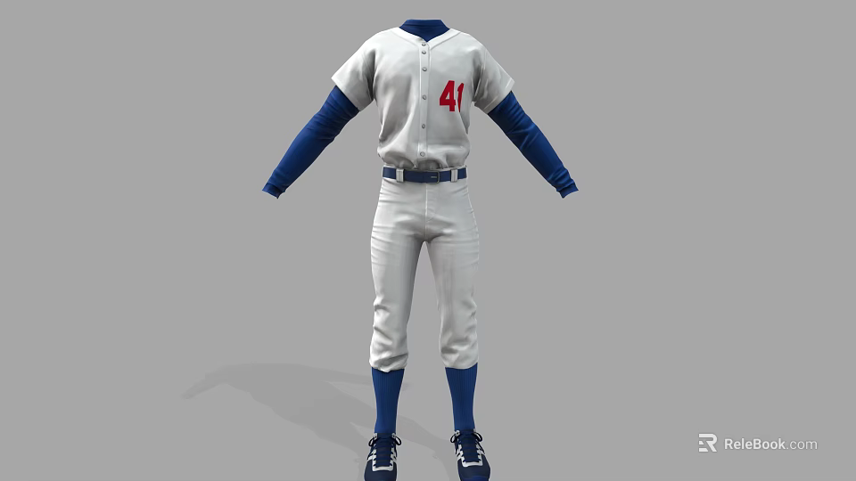 White Baseball Uniform With Blue Sleeves Red Number 41 And White Pants 3d model 