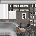 Modern Tatami Bedroom Interior With Gray Bedding Wooden Bookshelves Decorative Painting And Patterned Rug