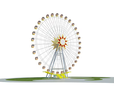 Large Ferris Wheel With Star Shaped Center And Colorful Passenger Cabins On Green Lawn 3d model