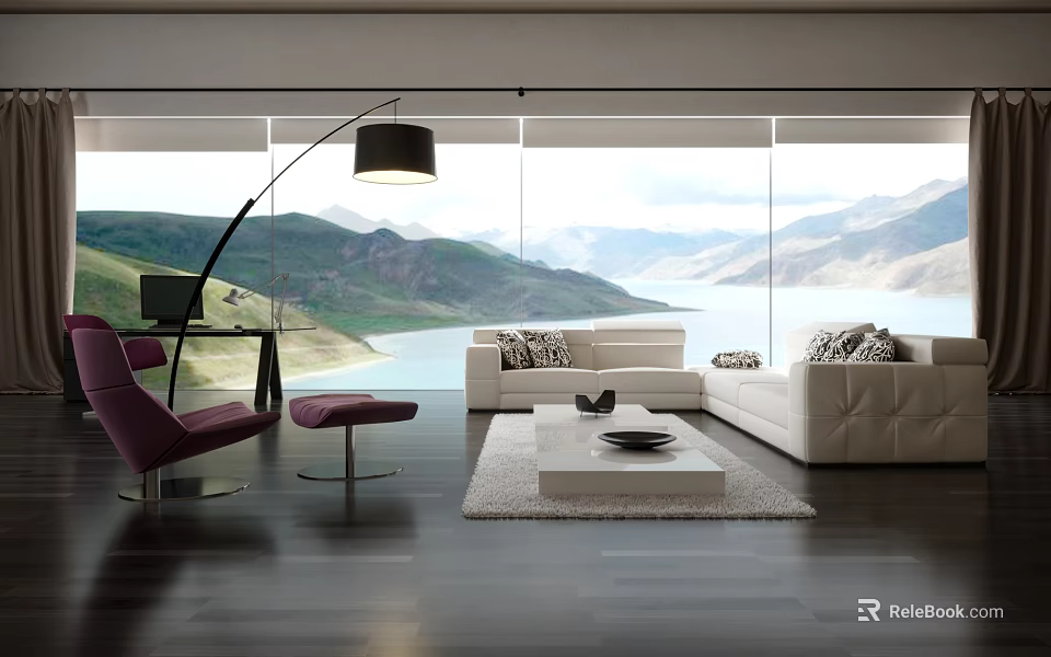 Modern Living Room With White Sofa Purple Chair And Floor Lamp Overlooking Mountain Lake View 3d model 