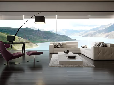 Modern Living Room With White Sofa Purple Chair And Floor Lamp Overlooking Mountain Lake View 3d model