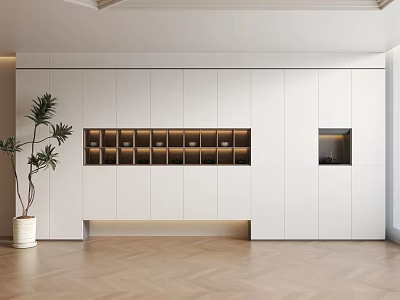 Modern Interior With White Cabinetry Dark Storage Compartments And Green Plant On Herringbone Wood Floor 3d model
