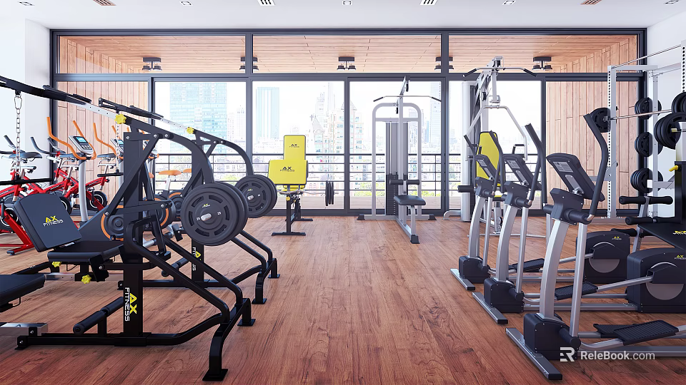 Modern Gym Interior With Strength Training Equipment Treadmills Large Windows And Wooden Floor 3d model 