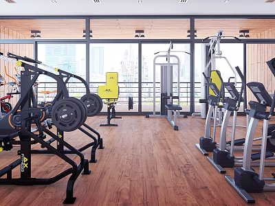 Modern Gym Interior With Strength Training Equipment Treadmills Large Windows And Wooden Floor 3d model