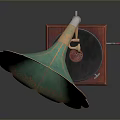Vintage Phonograph with Teal Horn Gold Floral Patterns and Wooden Base Classic Design