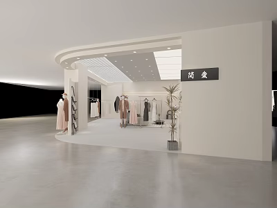 Modern Clothing Store Interior Design With Displayed Clothes Mannequins Racks And Potted Plants 3d model