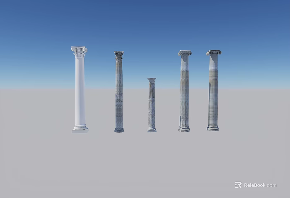 Five Different Classic Columns In White And Gray With Blue Sky Backdrop 3d model 
