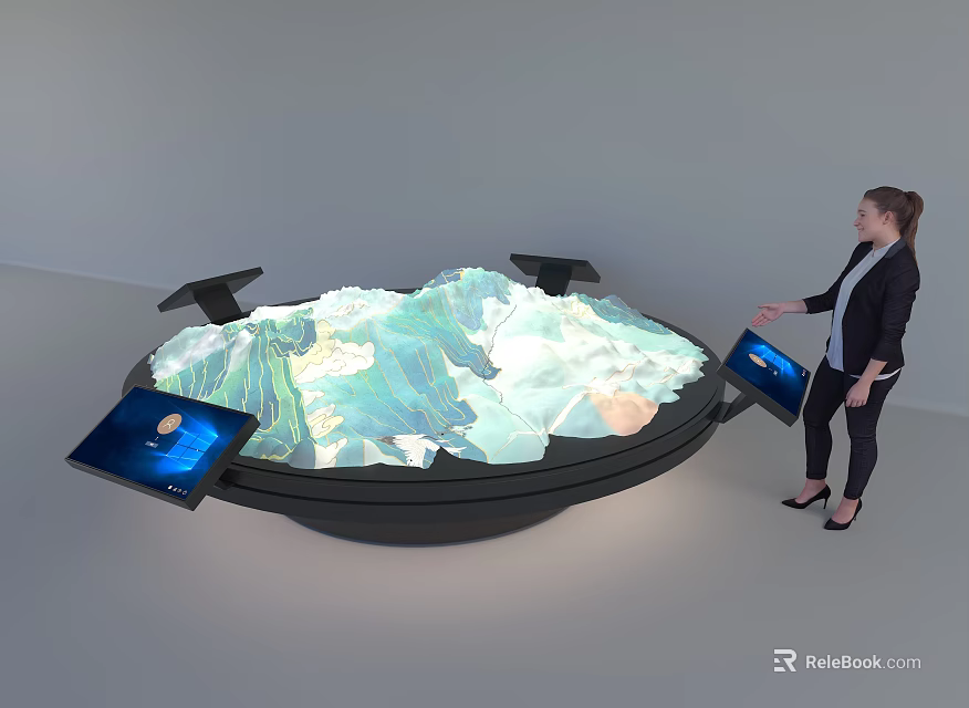 Commercial Interactive Display Table With 3D Terrain Model And Surrounding Screens For Business Presentations 3d model 