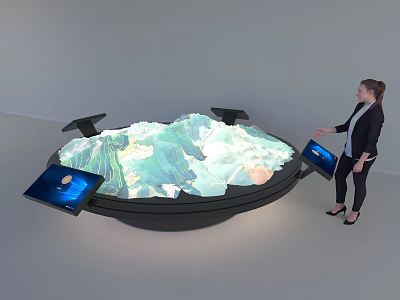 Commercial Interactive Display Table With 3D Terrain Model And Surrounding Screens For Business Presentations 3d model