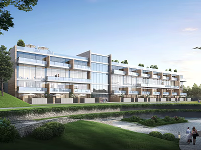 Modern Townhouse Exterior With Glass Facade Balconies Landscaped Gardens And Waterfront Lawn 3d model