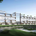 Modern Townhouse Exterior With Glass Facade Balconies Landscaped Gardens And Waterfront Lawn