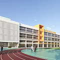Modern School Building Exterior With Orange White Facade Track Playground and Students 3d model