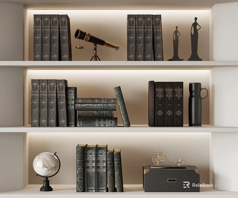 Classic Bookshelf Display With Leather Bound Books Globe Telescope Statues And Vintage Trunk 3d model 