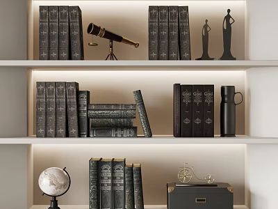 Classic Bookshelf Display With Leather Bound Books Globe Telescope Statues And Vintage Trunk 3d model