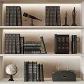 Classic Bookshelf Display With Leather Bound Books Globe Telescope Statues And Vintage Trunk