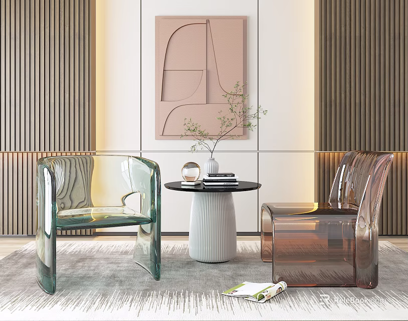 Modern Leisure Sofa Combination With Transparent Armchairs Round Coffee Table And Decorative Art 3d model 