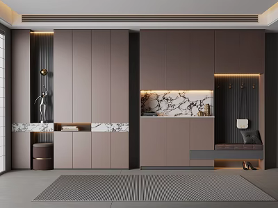 Modern Elegant Shoe Cabinet With Marble Countertop LED Strip Lights Storage Space And Shoe Bench 3d model