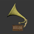 Vintage Gramophone Featuring Yellow Decorative Horn Wooden Base And Black Record With Red Center