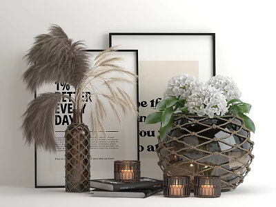 Decorative Ornament Set With Feather Decor Picture Frames Woven Vase Candles Books For Home Interior 3d model