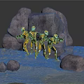 Five Yellow And Black Armored Characters Holding Weapons In Rocky Sandy Terrain With Large Rocks