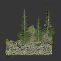 Cartoon Scene Featuring Small Cottage Windmill Pine Trees American Flag Green Train Rocks and Grass