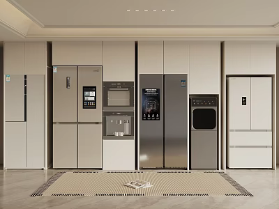 Stylish Modern Kitchen Interior Design With Multiple Stainless Steel Refrigerators And Freezers 3d model