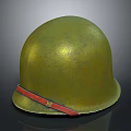Vintage Green Military Helmet Design With Red Strap And Textured Surface