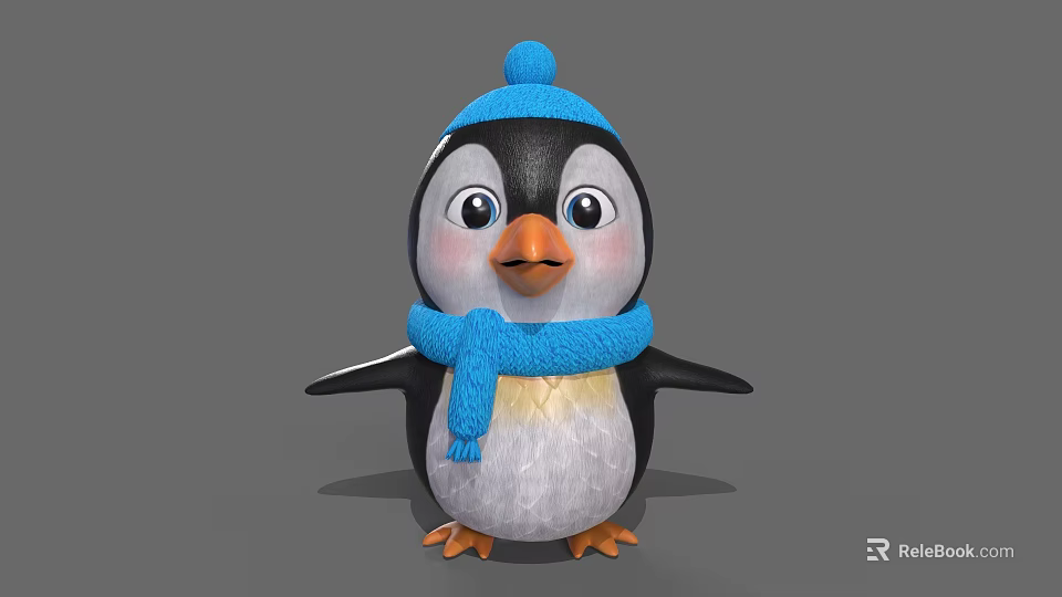 Cute Plush Penguin Toy Wearing Blue Knitted Hat And Scarf 3d model 