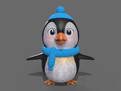 Cute Plush Penguin Toy Wearing Blue Knitted Hat And Scarf 3d model