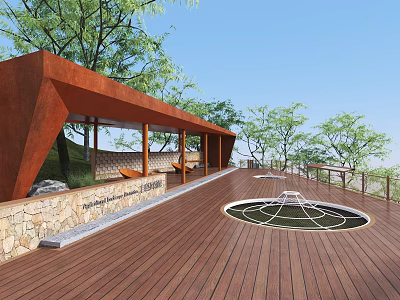 Modern Garden Landscape with Wooden Deck Red Metal Structure Circular Water Feature and Trees 3d model