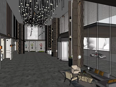 Elegant Lobby Interior With Chandelier Columns Sofa And Glass Windows Car 3d model