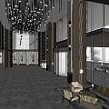 Elegant Lobby Interior With Chandelier Columns Sofa And Glass Windows Car