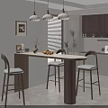 Modern Kitchen Dining Table With Wooden Bar Stools Pendant Lights And Indoor Plants