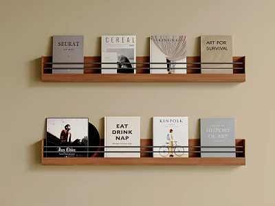 Wooden Wall Mounted Shelves with Various Book Covers and Modern Design 3d model