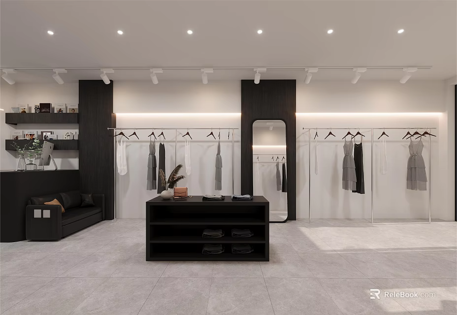 Modern Clothing Store Interior With Clothes On Racks Mirror Sofa And Display Table 3d model 