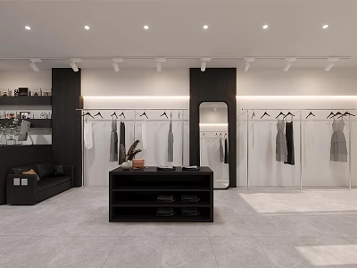 Modern Clothing Store Interior With Clothes On Racks Mirror Sofa And Display Table 3d model