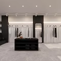 Modern Clothing Store Interior With Clothes On Racks Mirror Sofa And Display Table