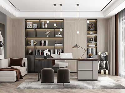 Modern Study Room Interior Design With Bookshelves Desk Hanging Lights Sofa And Rug 3d model