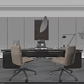 Modern Office Desk With Two Chairs Table Lamp Wall Art Green Plant And White Walls