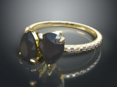 Stylish Fashion Accessory Gold Ring With Two Black Gemstones And Small Diamonds 3d model
