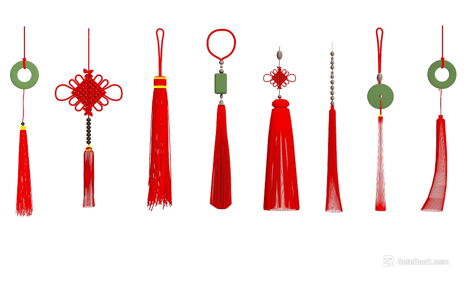 Traditional Chinese Knot Jewelry Accessories with Red Tassels and Jade Pendants 3d model 