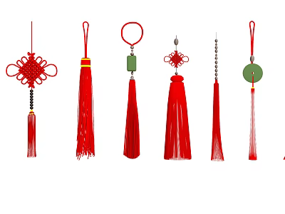 Traditional Chinese Knot Jewelry Accessories with Red Tassels and Jade Pendants 3d model
