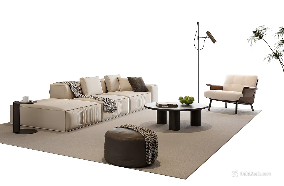 Modern Beige Sofa and Coffee Table Set With Cushions Armchair Floor Lamp and Rug 3d model 