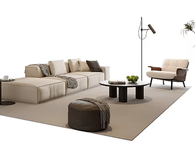 Modern Beige Sofa and Coffee Table Set With Cushions Armchair Floor Lamp and Rug 3d model