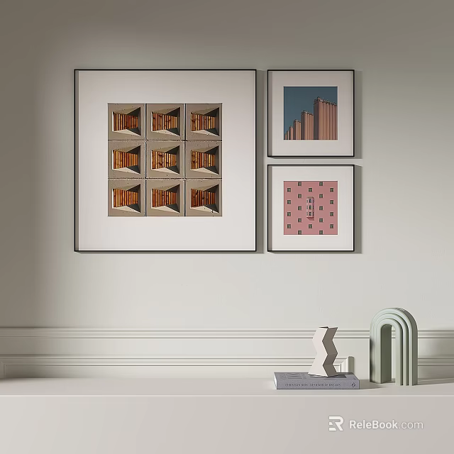 Stylish Framed Wall Artworks with Mixed Prints and Decorative Objects in Modern Interior 3d model 