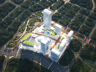 Bird's Eye View Urban Planning With Tall Buildings Green Spaces And Central Plaza 3d model
