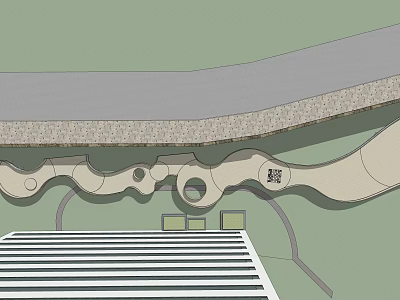 Curved Landscape Bridge With Stone Pavement And Gray Deck Above Building Structure 3d model
