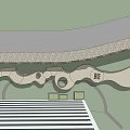 Curved Landscape Bridge With Stone Pavement And Gray Deck Above Building Structure