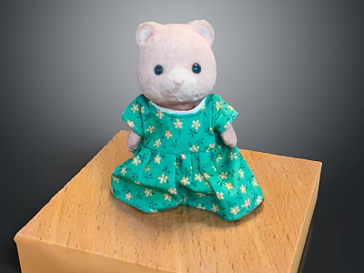 Cute Stuffed Bear Doll Wearing Green Dress With Yellow Star Patterns On Wooden Platform 3d model